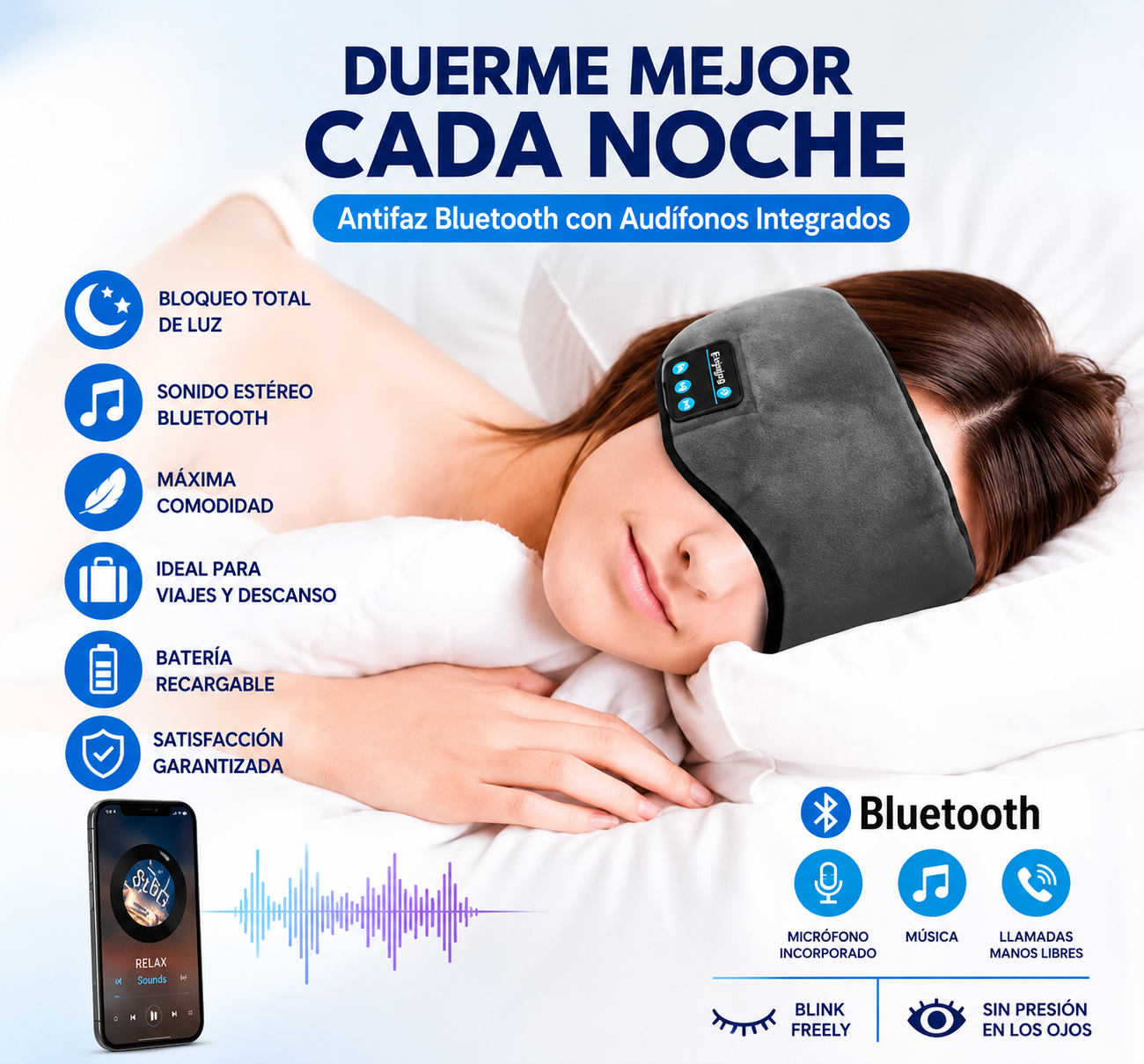 Antifaz Bluetooth para Dormir con Audífonos Integrados | Sueño Profundo y Relajación