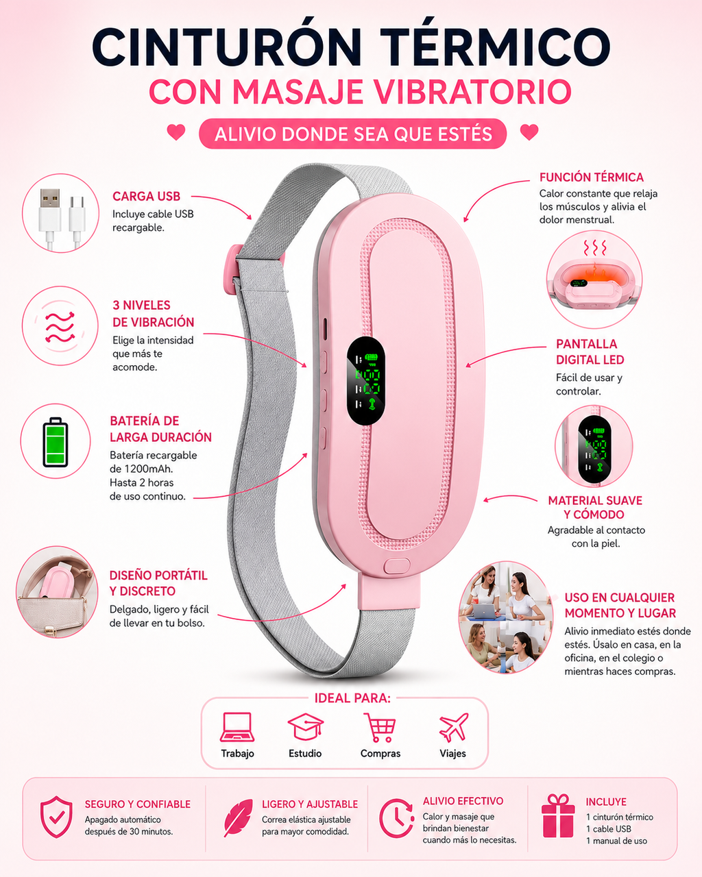 💗 Cinturón Térmico Masajeador para Dolor Menstrual